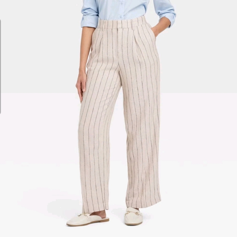 NWT Women’s Linen Essential Trouser Size 2 Tan Blue Striped Pants